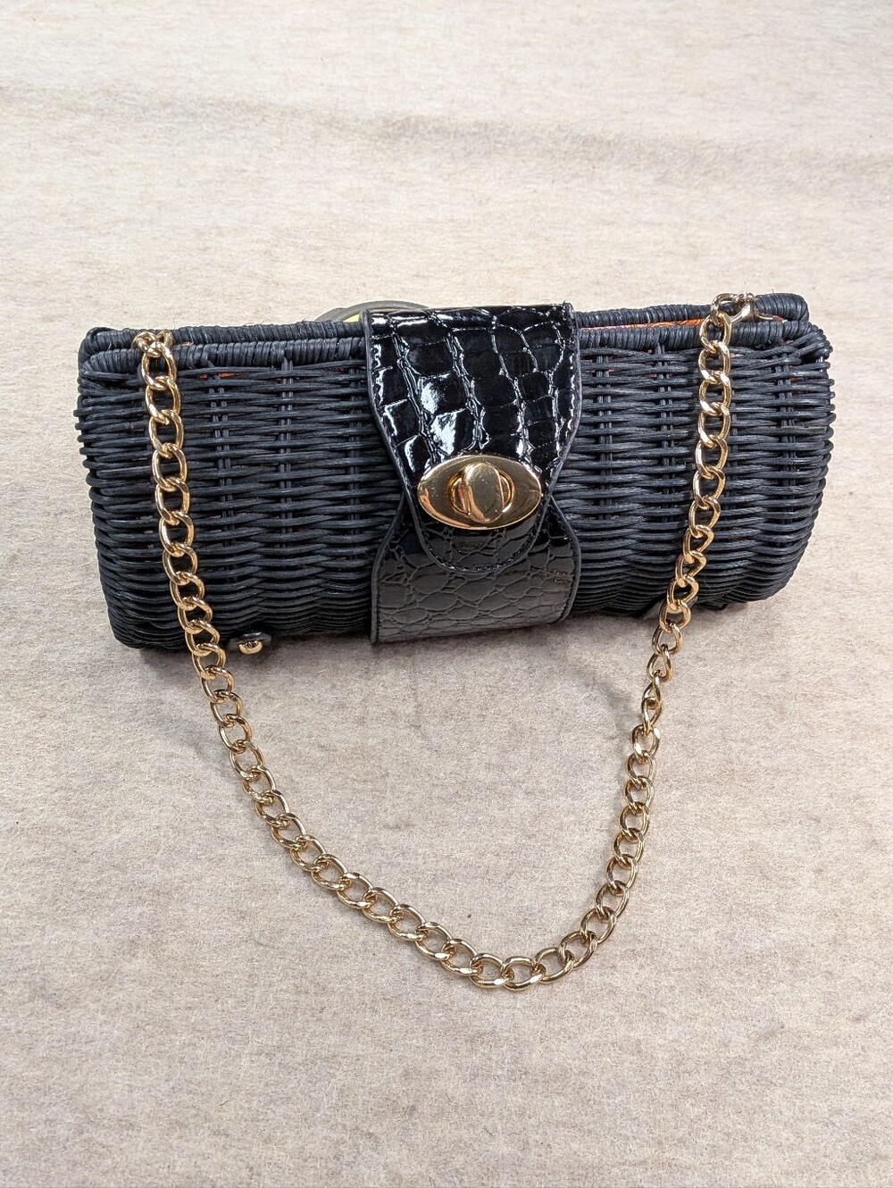 Black Wicker Purse Clutch Rounded Basket Gold Chain Small Handbag Kelly & Katie